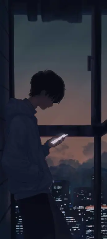 Anak Laki-laki Anime Sedih di Malam Hari Gambar seorang anak laki-laki anime sendirian di malam hari terlihat sedih