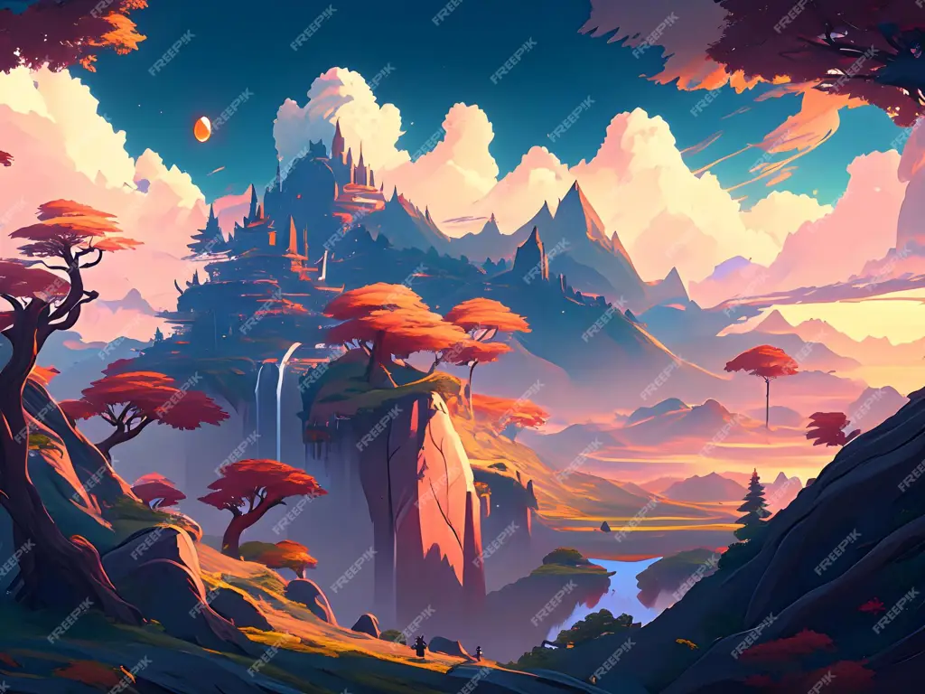 Dunia Fantasi yang Menawan Wallpaper pemandangan anime fantasi dengan istana megah di atas awan