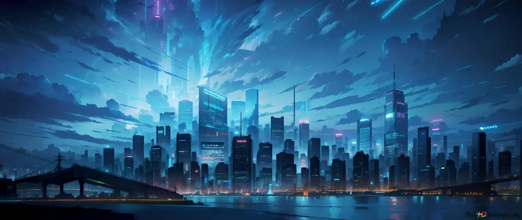 Gambar pemandangan kota anime di malam hari dengan resolusi 8K